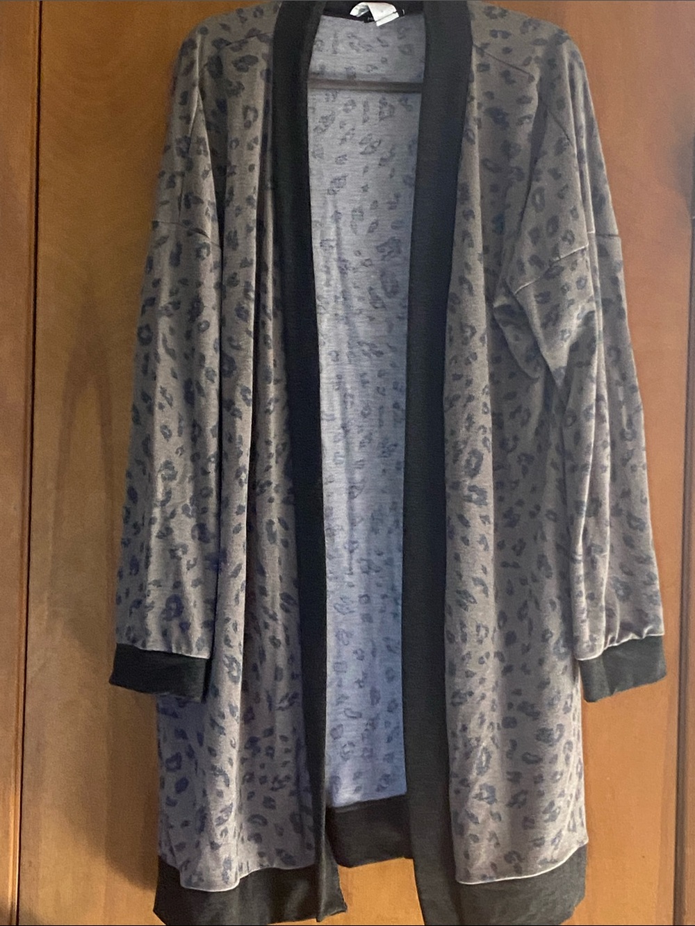 HEIMISH USA Gray Leopard Print Open-Front Cardigan with Black Trim